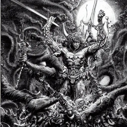 Prompt: arnold swarchenegger with giant sword fights ugly demon, intricate detailed dark fantasy art by kentaro miura, gustave dore, jean giraud, philippe druillet