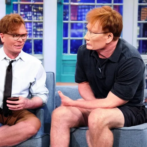 Image similar to conan obrien working as a therapist, wearing short jean shorts, chocolate milk on his lips