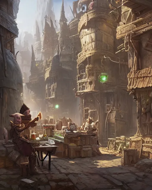 Image similar to A merchant selling treasuries, highly detailed store, fantasy art, goblin art, in the style of greg rutkowski, illustration, epic, fantasy, intricate, hyper detailed, artstation, concept art, smooth, sharp focus, ray tracing