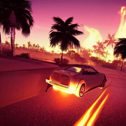 Prompt: wide shot epic car on fire post apocalyptic landscape wasteland miami desert fire craters natural disasters miami beach sunset fucked up palm trees landscape on fire 80s retrowave unreal engine fallout style far cry