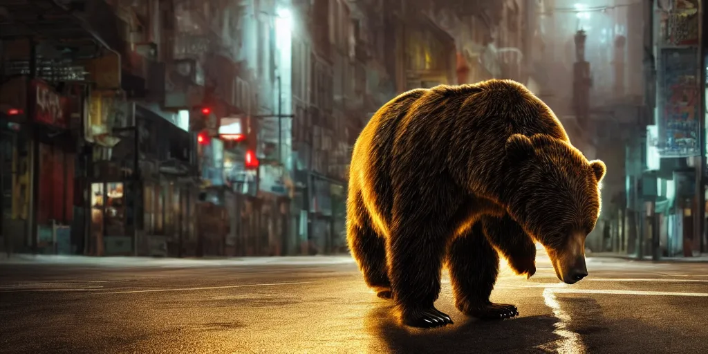 Image similar to nuclear mutation of a bear walking through a desolate city street at night, realistic 4 k octane beautifully detailed render, 4 k post - processing, highly detailed, intricate complexity, epic composition, magical atmosphere, cinematic lighting, masterpiece, ultra hd