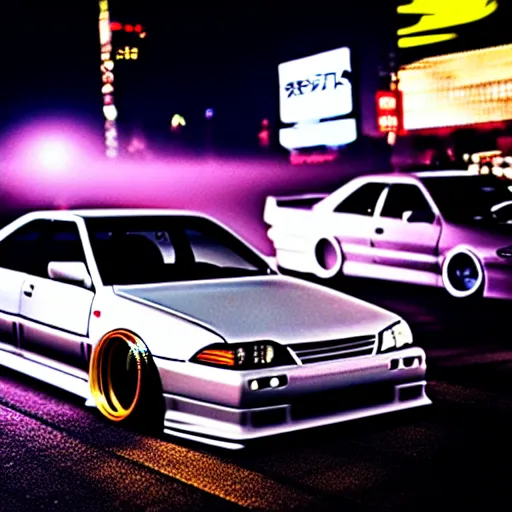 Image similar to a car JZX100 turbo drift at illegal car meet, Sibuya prefecture, city midnight mist lights, cinematic color, photorealistic, highly detailed wheels, 200MM