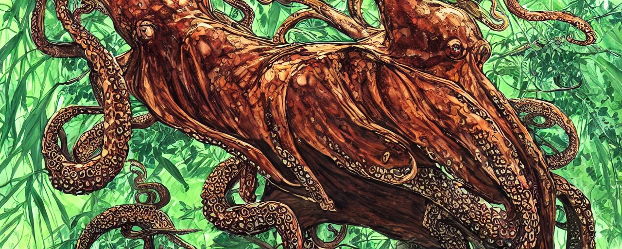 Image similar to Portrait of a large octopus creature swinging between trees in a jungle, intricate, elegant, highly detailed, smooth, sharp focus, detailed face, high contrast, bold warm and cool colour palette, graphic novel, art by Ardian Syaf and Pepe Larraz,