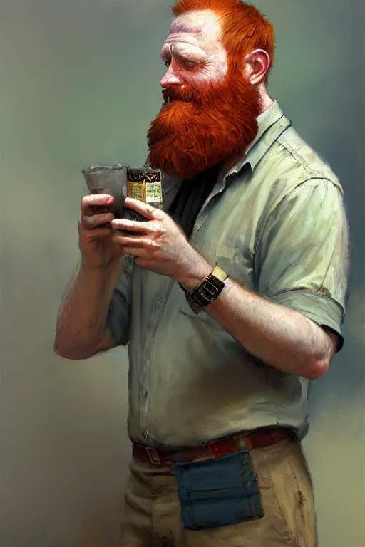 Prompt: full - body portrait of bearded ginger man wearing scientist costume taking photos of beer, by donato giancola, craig mullins, jeremy mann, face details, extremely detailed, bokeh, photorealistic, reflections, digital illustration