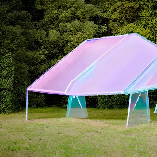 Prompt: a pastel coloured Polaroid photo of a sun lounger and shelter made of transparent iridescent perspex stood centrally in a field, beams of light, nostalgic