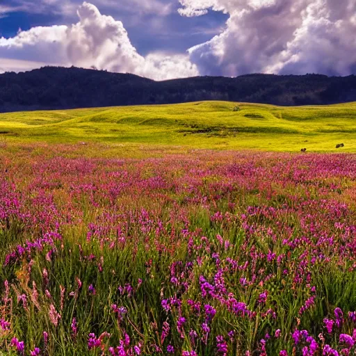 Image similar to an epic cinematic 8K HD movie shot of a meadow