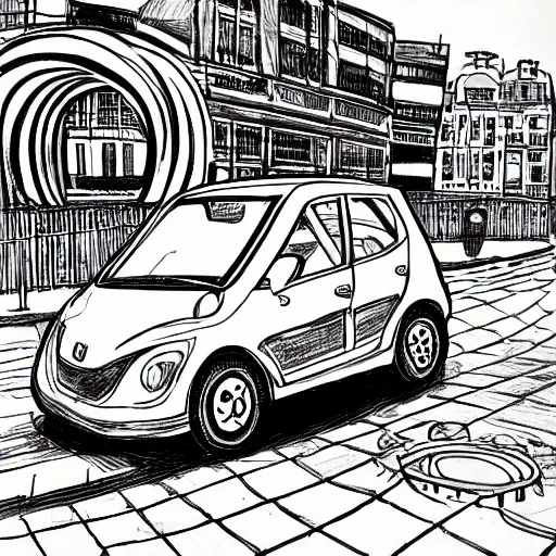 Image similar to compact honda car parked in a european city, ink manga drawing