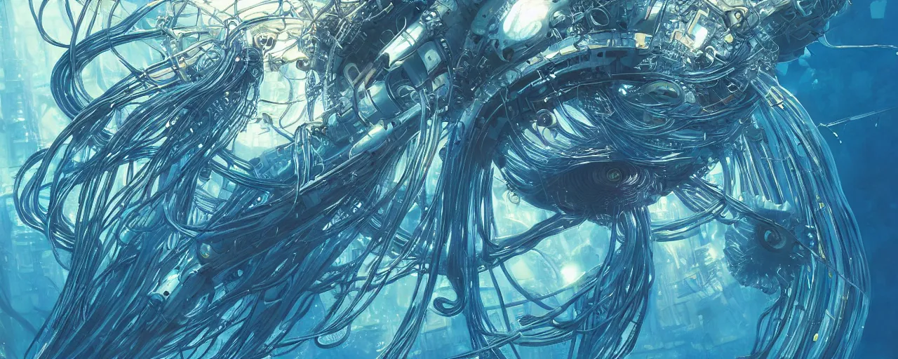 Image similar to a hyper detailed painting of a cyberpunk jellyfish, cables everywhere, blue tones, underwater, highly detailed, digital painting, artstation, concept art, smooth, sharp focus, illustration, art by artgerm and greg rutkowski and alphonse mucha