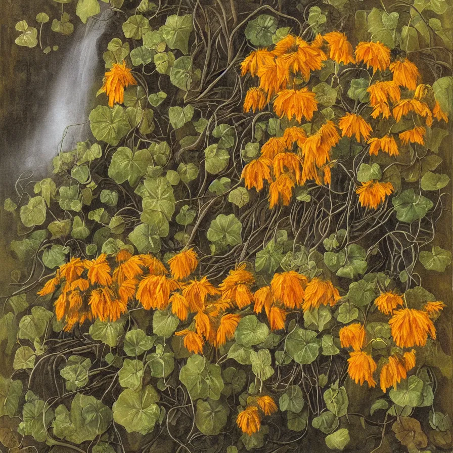 Prompt: artwork about a waterfall full of withered sunflowers and dry nasturtiums with vines, dark tones, moody, night, moonlight