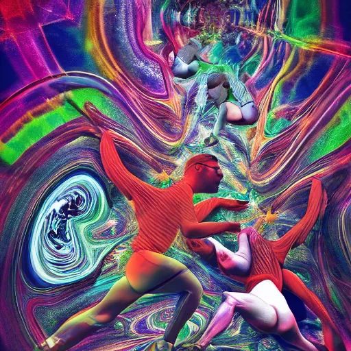 Image similar to people talking running joking jumping. chaos. human mind in the centre. alla collapsing. 4 k. surrealist. psychedelic.