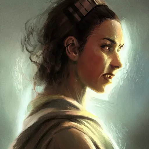 Image similar to portrait of an woman by Greg Rutkowski, she is about 20 years old, pretty, long brown wavy hair, scar near her mouth that makes her look like she's smiling all the time, wearing jedi robes, Star Wars Expanded Universe, highly detailed portrait, digital painting, artstation, concept art, smooth, sharp foccus ilustration, Artstation HQ