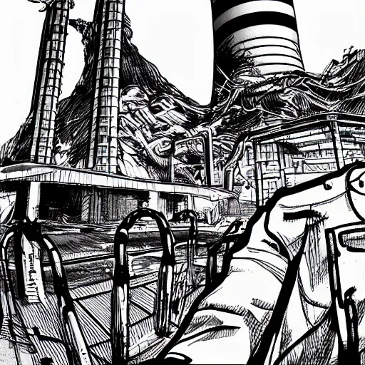 Prompt: nuclear reactor in fallout Kim Jung Gi black and white