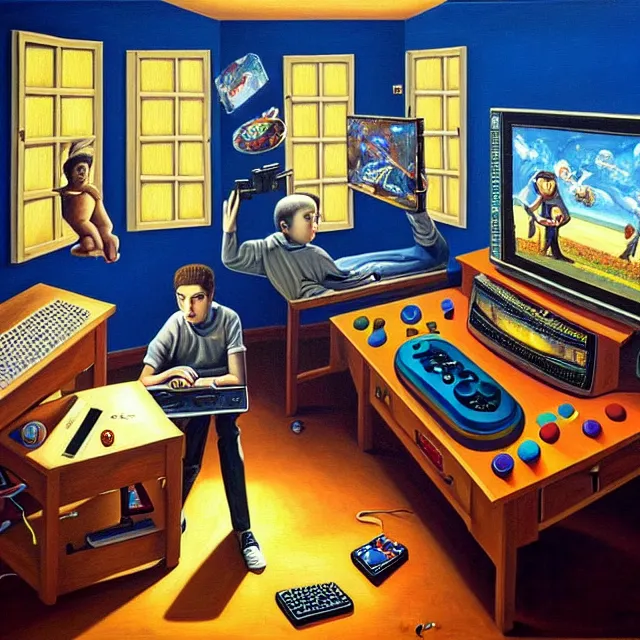 Image similar to an oil on canvas portrait of a teenager in his room playing videogames and watch television, surrealism, surrealist, cosmic horror, rob gonsalves, high detail