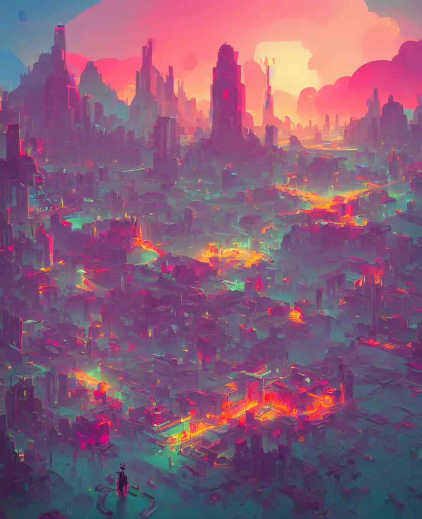 Image similar to detailed concept art of a DMT city in a fantastic landscape against a colorful sky by Anton Fadeev and Simon Stålenhag