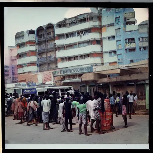 Prompt: old polaroids of futuristic african bus stops with informal sellers and digital screens, big crowd, robotic police guards watch over the crowd