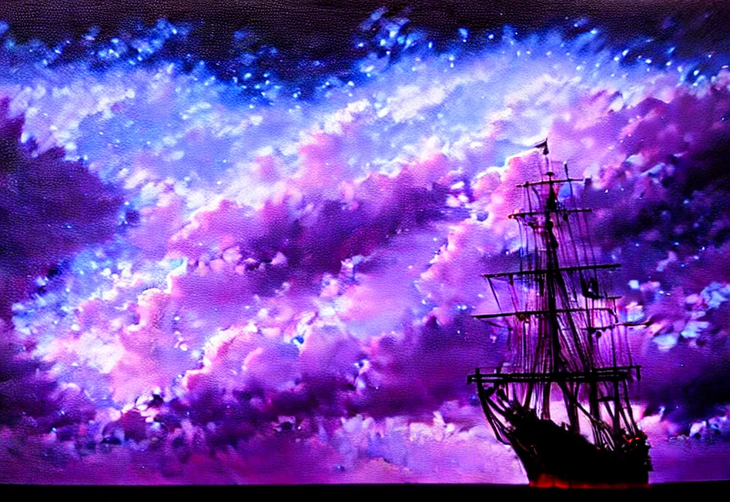 Prompt: purple color lighting storm with stormy sea close up of a pirate ship firing its cannons trippy nebula sky with dramatic clouds painting by banksy Photorealism