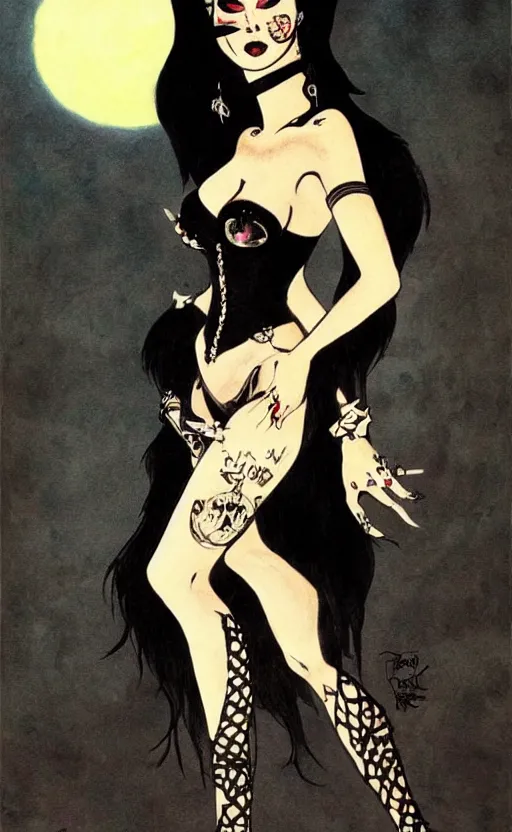 Prompt: goth girl with a detailed face and black hair below a full moon, burlesque psychobilly, rockabilly, punk, white background, drawing, illustration by frank frazetta