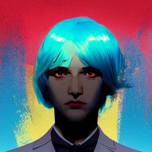 Prompt: ilya kuvshinov with long sky blue hair, gold eyes, amber eyes, boy face, professional digital painting, concept art, award - winning photography, cinematic, wlop, color block, pop, hip, art by andy warhol, pixiv art, yoshitaka amano