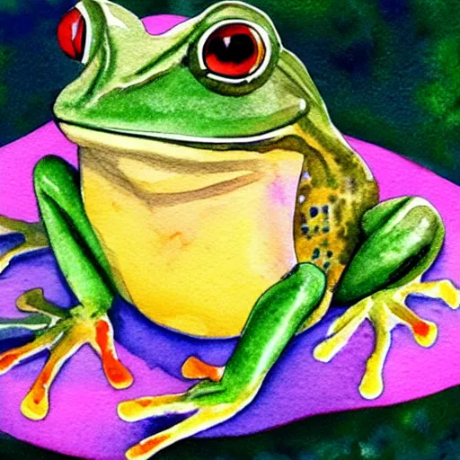 Image similar to a beautiful watercolor painting of a frog made of flowers sitting on a lilypad made of rainbows