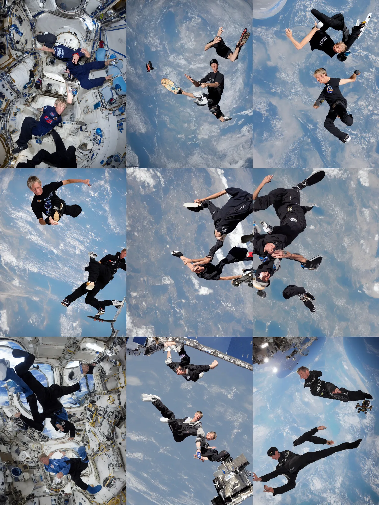 Prompt: Photo of Tony Hawk doing a skateboard trick on the international space station, zero G