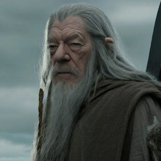 Image similar to the evil ian mckellen as gandalf in a dark viking hood playing odin all father from the thor movie crafting a neural network with synapses on an anvil, highly detailed, cinematic shot, cinematic lighting, 8 k, exquisit facial detail