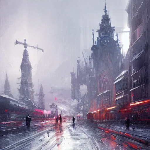 Image similar to cyberpunk depiction of the city of gdansk during arctic conditions by greg rutkowski