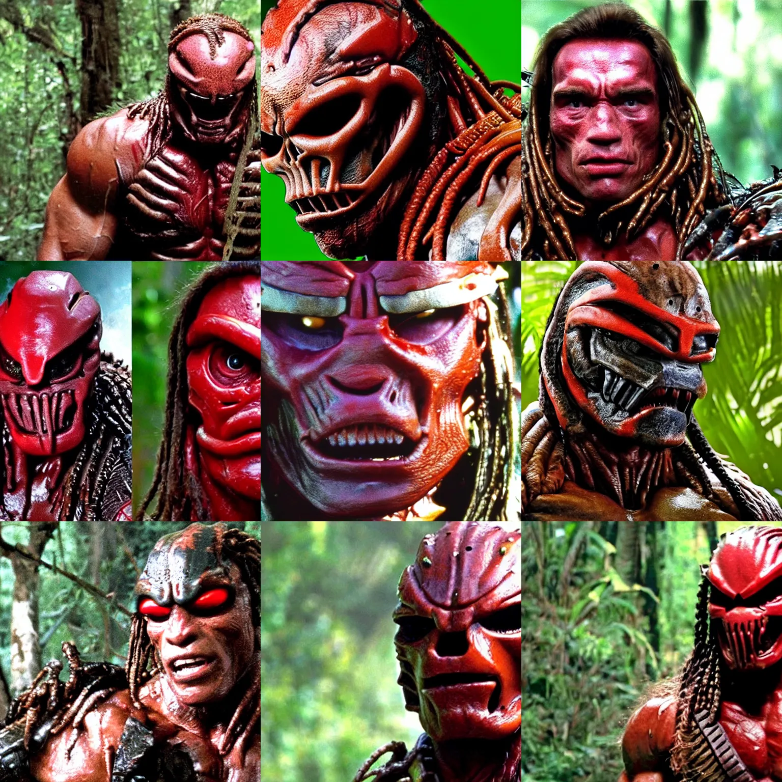 Image similar to head close up arnold schwarzenegger in predator costume , close up detailed movie still from the predator in the jungle