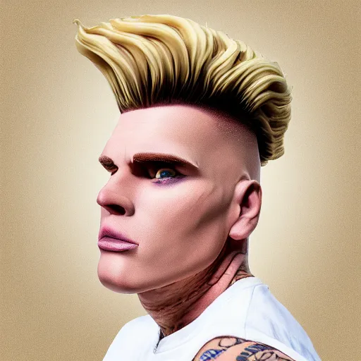 Prompt: vanilla ice but his hair is made out of swirly ice cream vanilla ice cream his hair is completely made out of vanilla swirled vanilla ice cream, ice cream hair, realistic, hyperrealistic, ultra realistic, real, real world, highly detailed, very detailed, extremely detailed, intricate details, 8 k resolution, hd quality