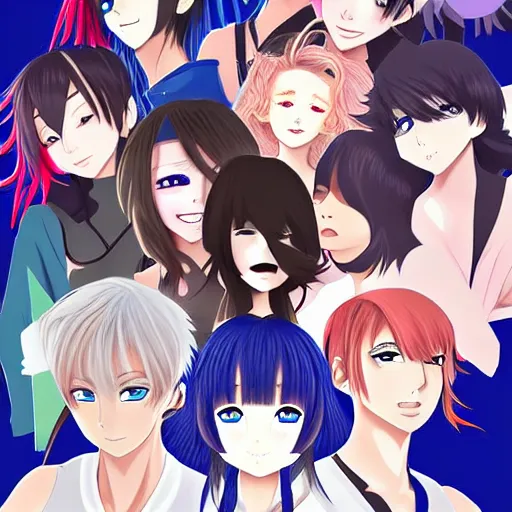 Image similar to there were eight anime people, no more than eight. Less than nine but more than seven, eight eight eight, 2 girls 6 guys digital art