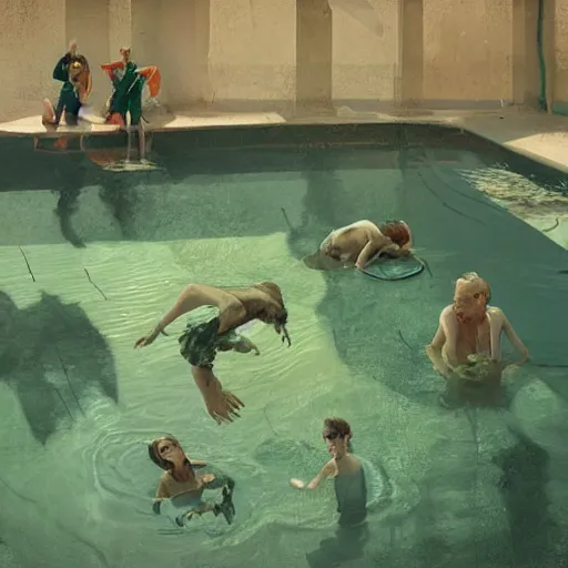 Image similar to people looking scared at a pool full of green mud , artwork by Sergey Kolesov, detailed, dynamic, cinematic composition