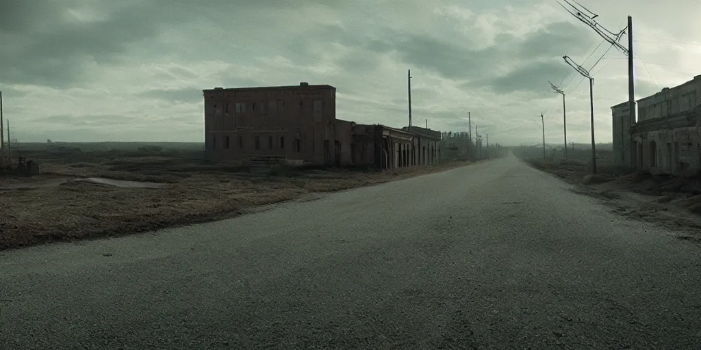 Image similar to a film still landscape by roger deakins - an abandoned city, 3 5 mm lens, early morning, dramatic lighting, cinematography, cinematic, global illumination, highly detailed, photorealistic