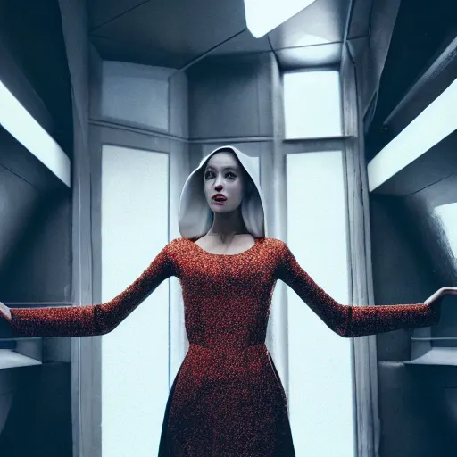 Image similar to Fashion photography of a woman wearing a futuristic outfit inspired by The Handmaid’s Tale (2017), intricate, artistic photography, cinematic lighting, insanely detailed, cinestill 800t, Vogue magazine