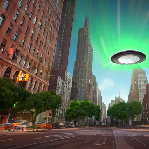 Image similar to photorealistic 3d render of a flying saucer flying over manhattan studio lighting, green background, in the style of pixar, highly detailed, sharp focus, bokeh, depth of field, 16k resolution, Unreal Engine 5, coherent, cinematic lighting, beautiful painting, from behind with halo effect