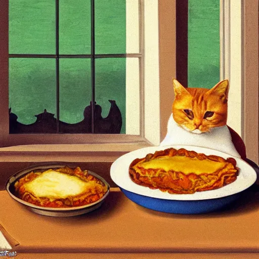 Image similar to fat orange tabby cat eating lasagna on a table, afternoon, by grant wood, neighborhood outside window