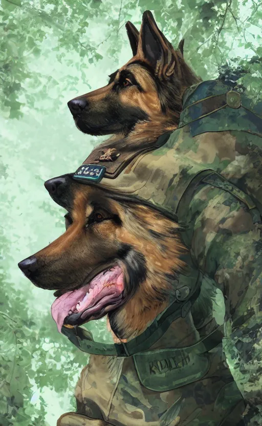 Image similar to close up character portrait icon of the german shepard military uniform head animal person fursona wearing clothes standing in the bright forest, hidari, color page, tankoban, 4 k, tone mapping, akihiko yoshida