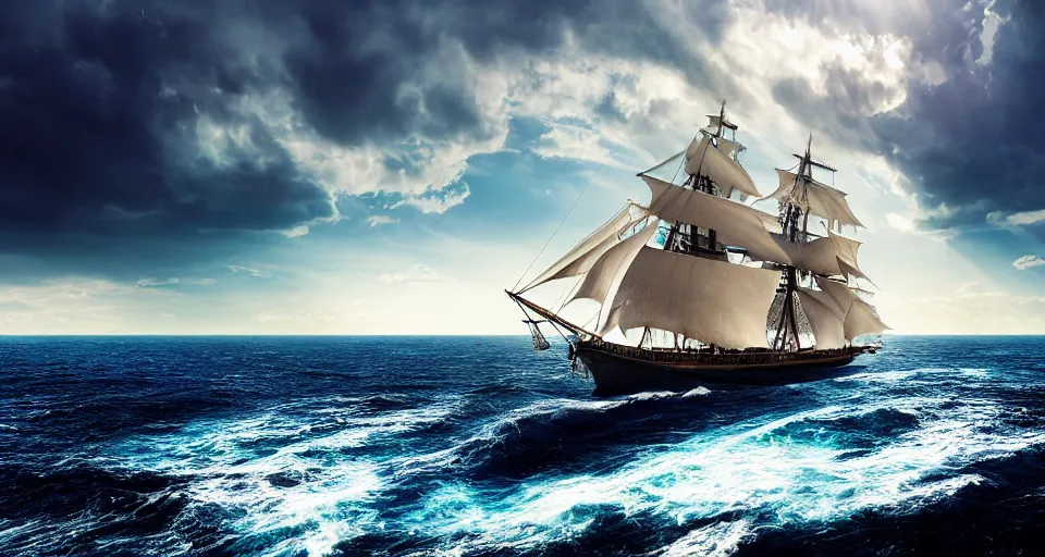 Prompt: a very large sailing ship in the middle of the sea, big waves, blue skies, voluminous clouds, dramatic lighting, sunshine rays, deep colors, masterpiece, amazing, beautiful, light bloom, photo - realistic, hyperdetailed, hyperrealistic, photography, 8 k resolution, behance hd, trending in artstation