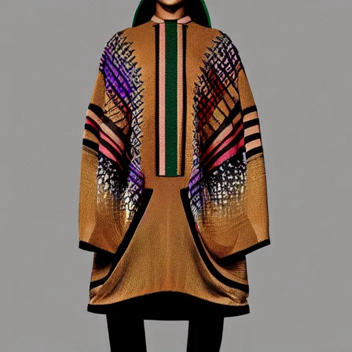 Image similar to hispanic brown skin wearing gucci colorful intense intricate textile chiton himation cloak tunic detailed streetwear cyberpunk modern fashion