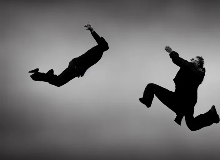 Image similar to Award winning Editorial photo of a man jumping 20 feet into the air during an eclipse Lee Jeffries, 85mm ND 5, perfect lighting, gelatin silver process