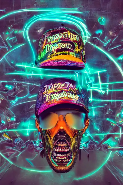 Prompt: fashion photo of one baseball cap, band merchandise, bandname is tripmachine, tourname is invasion of the tripmachines, realistic digital art, printed with a 3 d render of a huge futuristic steampunk generator, 8 k, fluorescent colors, halluzinogenic, multicolored, exaggerated detailed, unreal engine