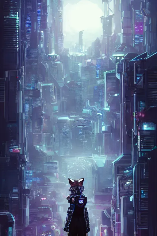 Prompt: a cyberpunk anthropomorphic fox with a fluffy tail staring over a futuristic city from the top of a roof, comic art, trending on furaffinity, cyberpunk, backlighting, cartoon