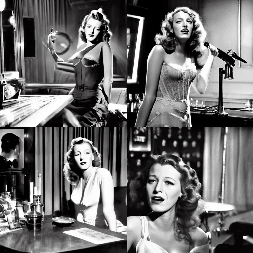 Prompt: Classic film noir scene, blake lively as a singer in a 1940\'s jazz bar, medium shot, chiaroscuro, black and white, spotlight on the singer, cigarette smoke rising from tables, high contrast
