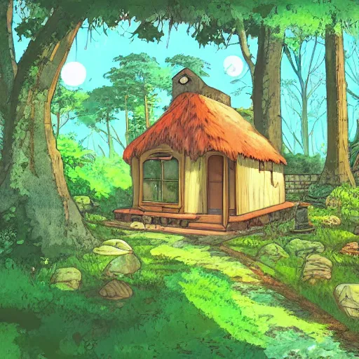 Image similar to a cozy cottage in an overgrown forest, anime, cartoon, studio Ghibli style, golden hour