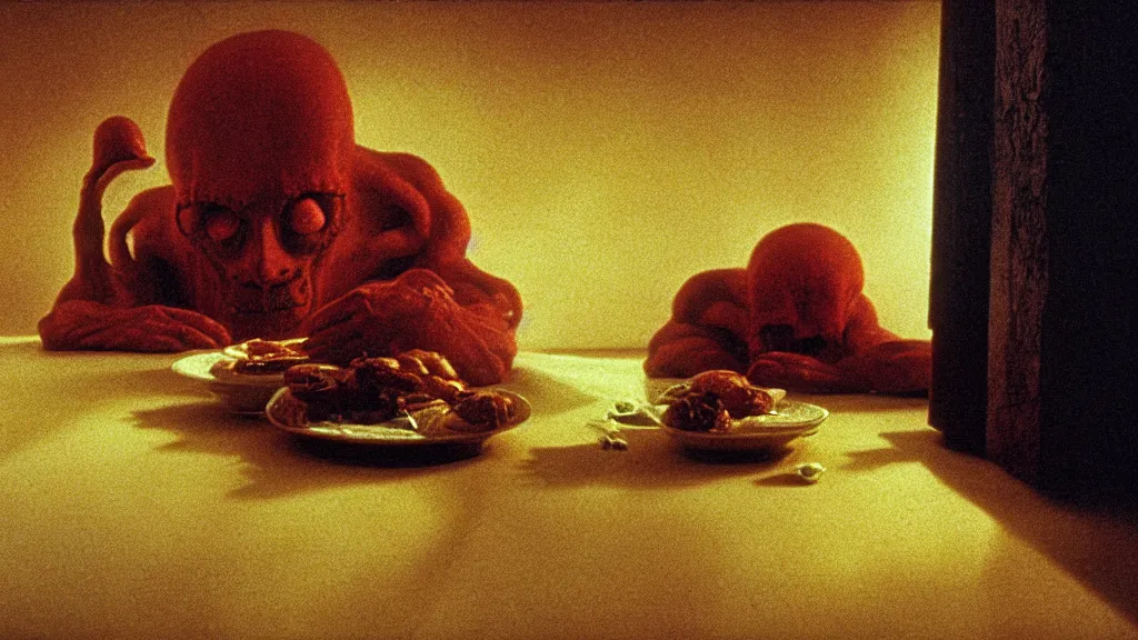 Image similar to the face with the plate of food under my bed, film still from the movie directed by denis villeneuve and david cronenberg with art direction by salvador dali and zdzisław beksinski, wide lens