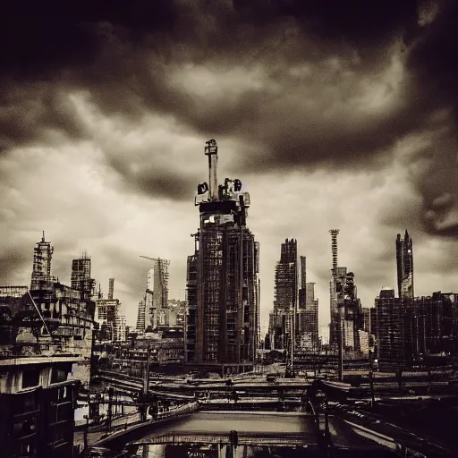 Prompt: highly detailed robot, dark dystopian city, dramatic clouds, instamatic photo, sepia