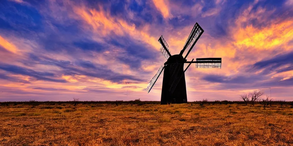 Image similar to photo of a west texas sunset, old windmill, golden hour, high quality, beautiful!!!