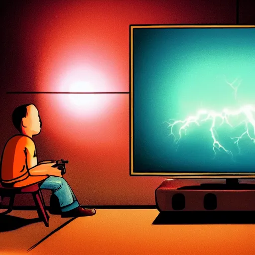 Prompt: High quality digital illustration of a kid seen from back playing videogames on a dark bedroom. The kid is in front of a vintage TV playing with the videoconsole, and the TV glows the entire room. There is a storm that can be seen in the window that is placed on his right