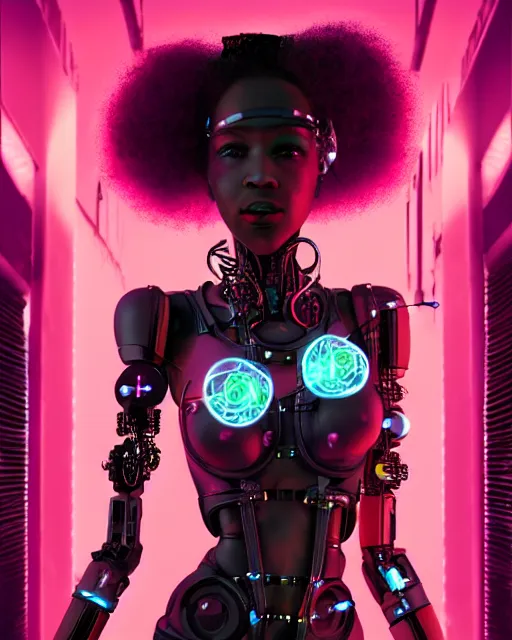 Image similar to portrait of a beautiful black woman with pink hair as a cyberpunk cyborg half robot, revealing wires and electronics, hooked - up, sci - fi, missing panels, intricate abstract upper body intricate artwork, concept art, octane render, deviantart, cinematic, key art, hyperrealism, iridescent accents, portrait photograph, nikon 3 5 mm, photograph by greg rutkowski