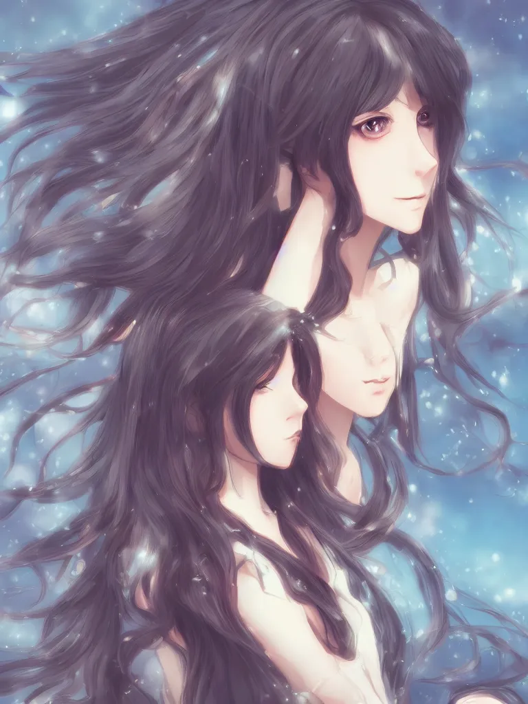 Image similar to beautiful girl digital art long hair baroque makoto shinkai style