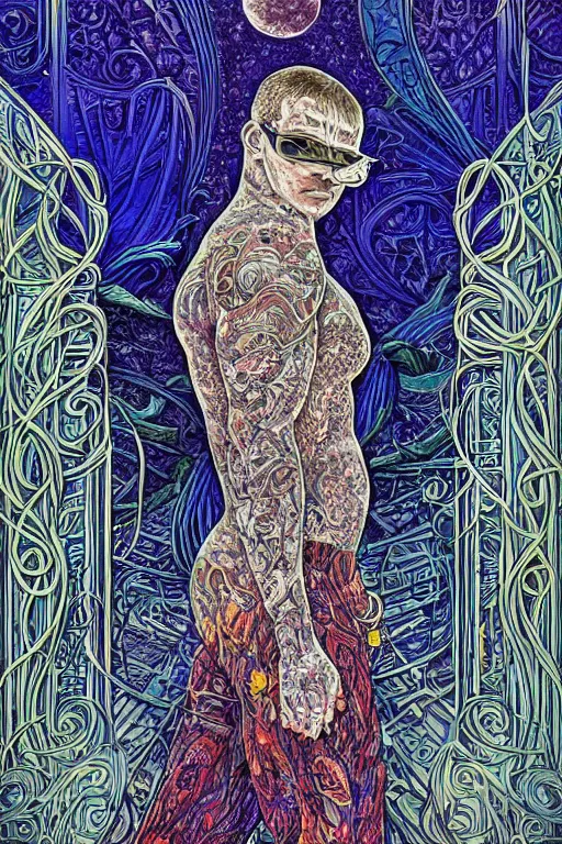 Image similar to A hyper-detailed, ultra-detailed, full-color photorealistic mixed media painting of Sandman Morpheus, perfectly symmetrical art nouveau portrait structure at night in the winter, full-color p. craig russell illustration in fineliner style,