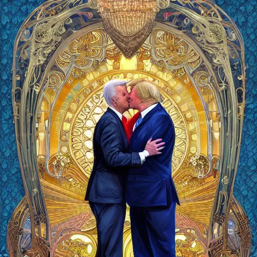 Image similar to donald trump gay kissing joe biden | highly detailed | very intricate | art nouveau | gold filigree | romantic storybook fantasy | soft cinematic lighting | award - winning | disney watercolor illustration by mandy jurgens and alphonse mucha and alena aenami | pastel color palette | featured on artstation